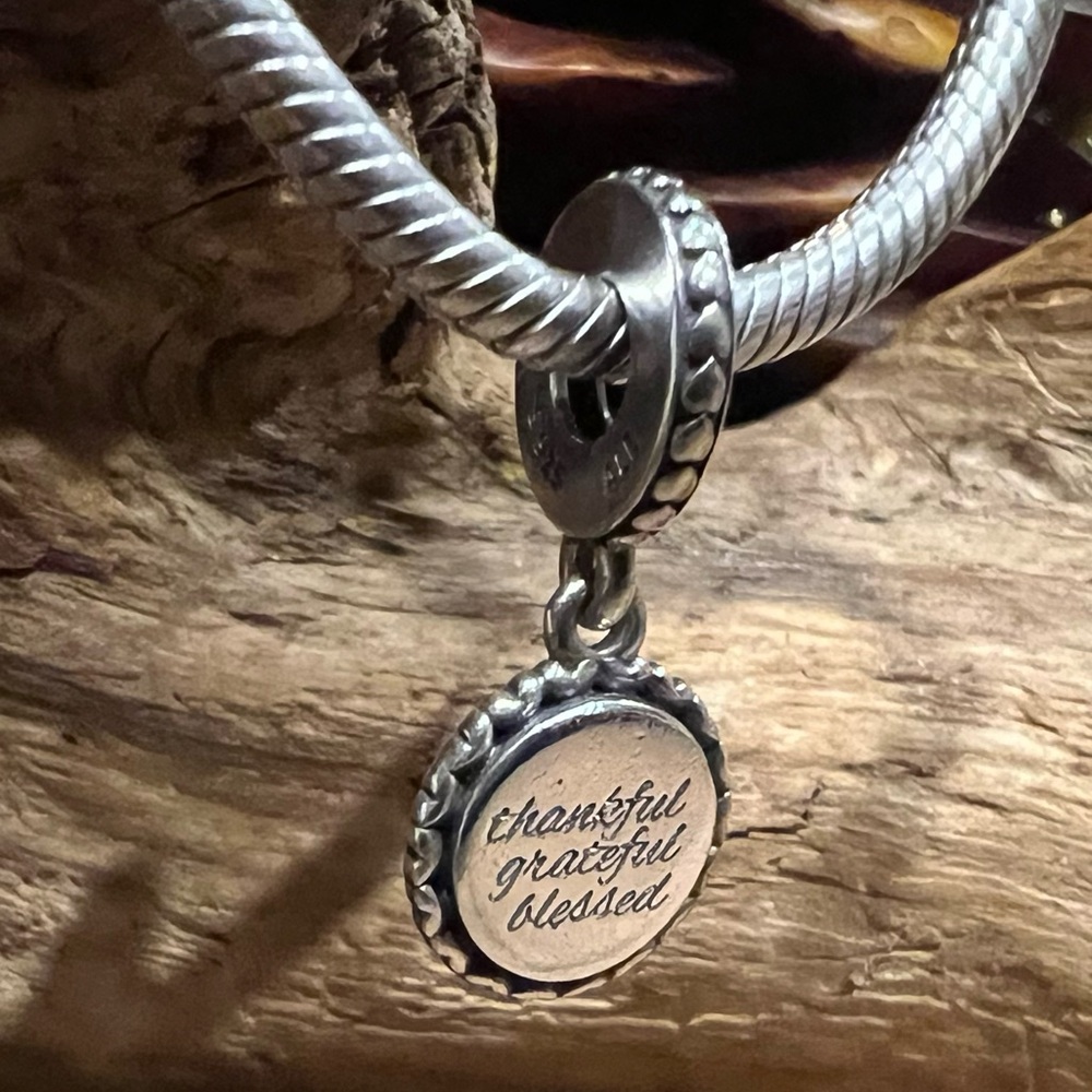Authentic Pandora Charm Thankful, Grateful, Blessed Dangle Charm, Silver Thanks